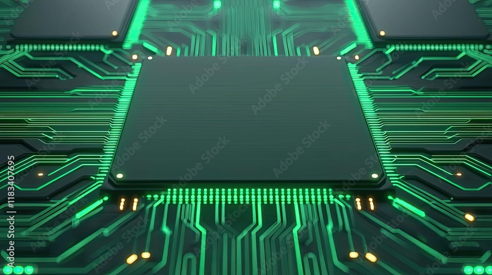 Poster matrix abstract background concept. close-up view of a modern microchip on a vibrant green circuit b