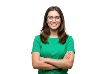 A young woman wearing a green shirt and glasses, smiling confidently with arms crossed, isolated on a white background