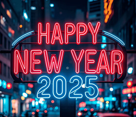 Fototapeta premium Happy New Year 2025 neon lettering.