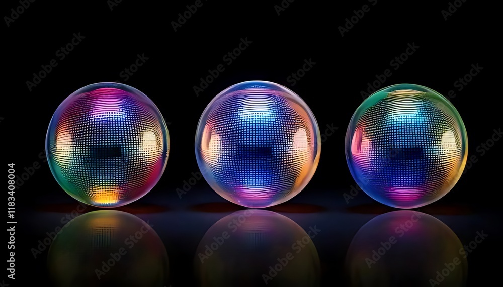 Poster three colorful, reflective spheres with fingerprint patterns on a black background.