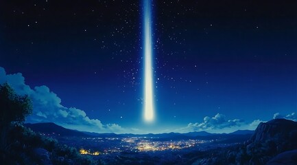 Fototapeta premium A white beam of light shines down on the dark blue sky abstract background