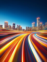 Fototapeta premium City Lights and Speed: A captivating night cityscape, illuminated by a vibrant, dynamic stream of light streaks. This image evokes a sense of movement, progress, and the allure of urban life. 