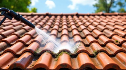 High-pressure water cleaning removes grime and moss from a terracotta roof