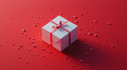 A minimalist Valentine’s Day image showing a single white gift box with a shiny red ribbon
