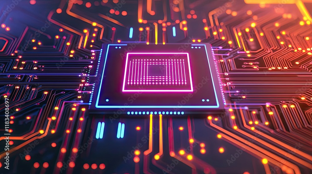 Poster matrix abstract background concept. close-up view of a vibrant microchip on a circuit board with glo