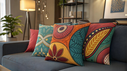 Colorful decorative pillows enhance modern living room design with vibrant patterns and textures