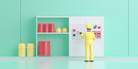 Worker in Yellow Suit Controls Industrial Setup
