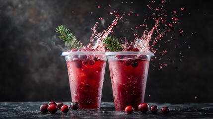 High-speed macro photography cranberry mocktail splashing transparent cup vibrant red liquid motion fresh rosemary garnish festive food drink promotion mockup tea fruit advertising marketing product