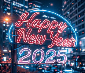 Happy New Year 2025 neon lettering.