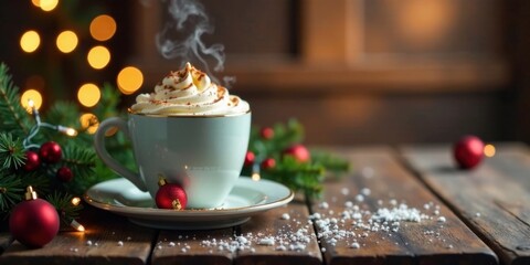 Warm Festive Drink with Whipped Cream and Holiday Decorations on Rustic Wood Table