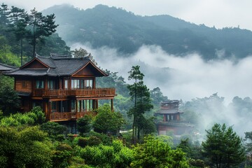 Fototapeta premium Traditional Wooden House or Lodge on Misty Mountain Slope in Lush Green Forest