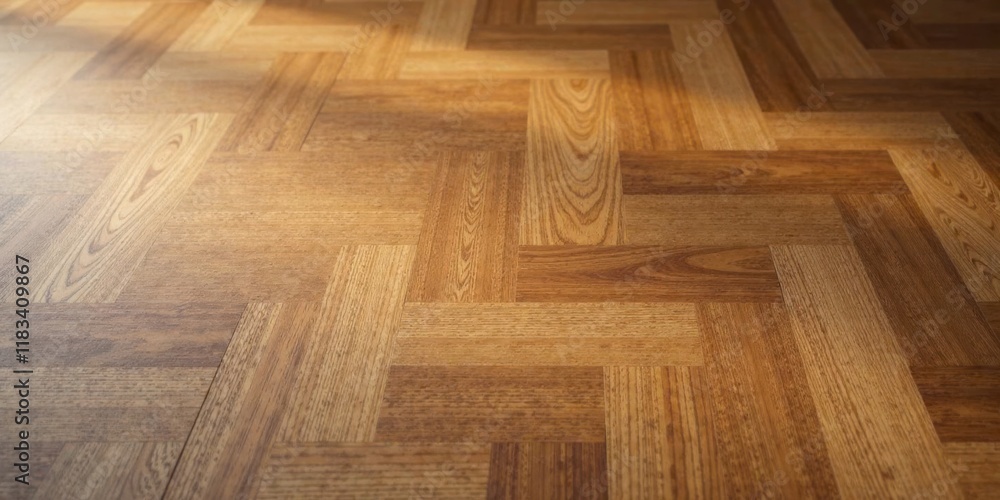 Poster warm hardwood herringbone floor pattern with subtle light beams