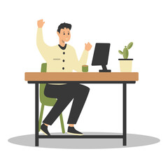 Happy People Programmer Working at Home. Vector Illustration