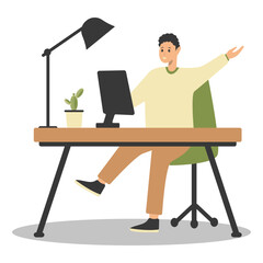 Happy People Programmer Working at Home. Vector Illustration