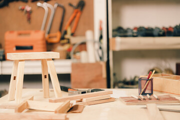 Wood workshop tools studio, Wooden furniture factory, Wood industry workplace nobody for background.