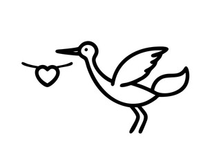 Black and white illustration, stylized stork silhouette, long-legged bird, elegant pose, heart-shaped pendant in beak, wings spread, minimalist design, graphic art style, simplified shapes, iconic sym