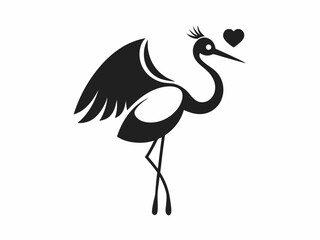 Black and white illustration, stylized stork silhouette, long-legged bird, elegant pose, heart-shaped pendant in beak, wings spread, minimalist design, graphic art style, simplified shapes, iconic sym