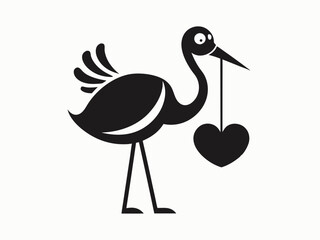 Black and white illustration, stylized stork silhouette, long-legged bird, elegant pose, heart-shaped pendant in beak, wings spread, minimalist design, graphic art style, simplified shapes, iconic sym