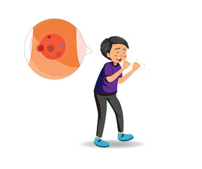 large red HMPV virus, smaller virus particles, a face mask, and a person coughing. It emphasizes mask-wearing to prevent HMPV spread.