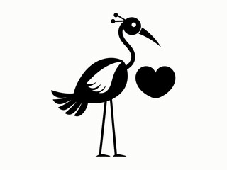 Black and white illustration, stylized stork silhouette, long-legged bird, elegant pose, heart-shaped pendant in beak, wings spread, minimalist design, graphic art style, simplified shapes, iconic sym