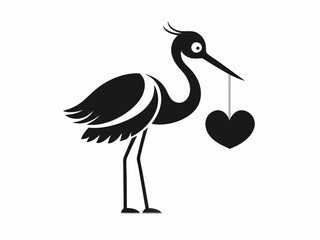 Black and white illustration, stylized stork silhouette, long-legged bird, elegant pose, heart-shaped pendant in beak, wings spread, minimalist design, graphic art style, simplified shapes, iconic sym