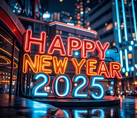 Happy New Year 2025 neon lettering.