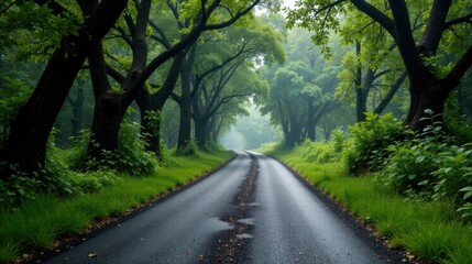 Fototapeta premium Serene asphalt path winding through a lush, mist-shrouded forest of ancient trees