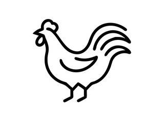Simple line drawing, minimalist chicken illustration, black and white, bold outlines, stylized bird, side view, single stroke artwork, clean design, graphic icon, farm animal silhouette, simplified sh
