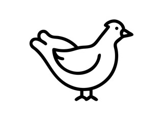 Simple line drawing, minimalist chicken illustration, black and white, bold outlines, stylized bird, side view, single stroke artwork, clean design, graphic icon, farm animal silhouette, simplified sh