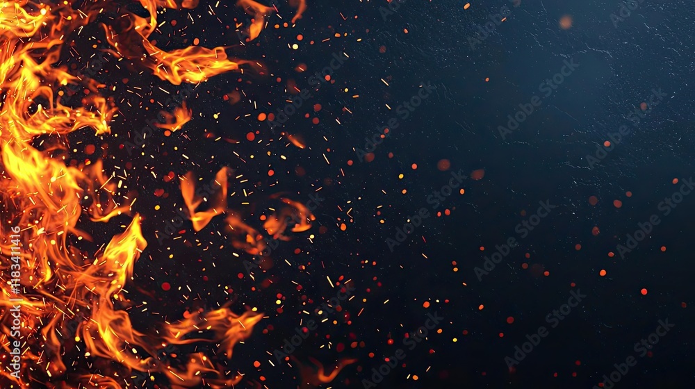 Poster fire abstract background idea. dynamic flames with glowing embers against a dark background for vari
