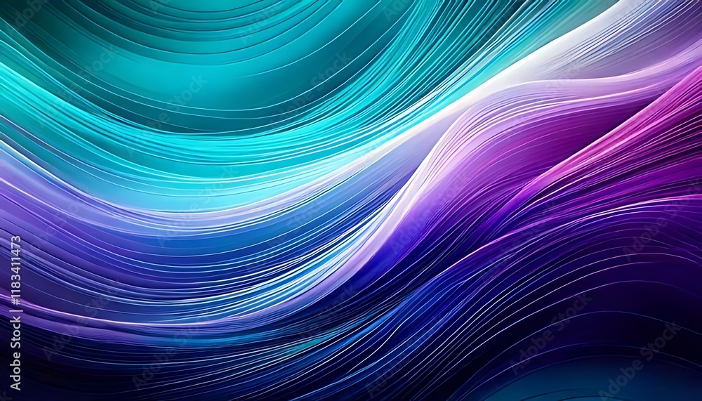 Poster wavy lines of teal and purple create a vibrant abstract pattern.