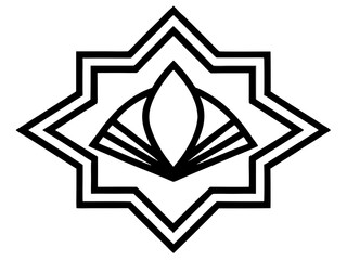 geometric black and white logo, abstract lotus flower shape, eight-pointed star, sharp lines, symmetrical design, minimalist, graphic art, vector style, corporate emblem, sacred geometry, intricate pa