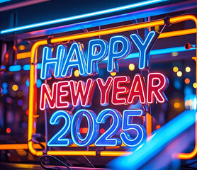 Fototapeta premium Happy New Year 2025 neon lettering.