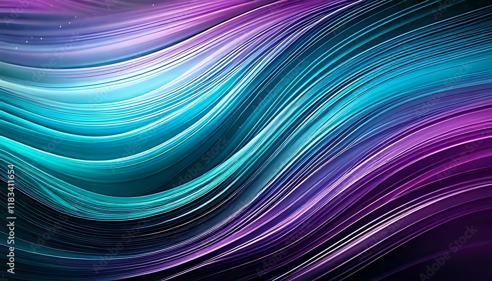 Poster wavy lines of teal and purple flow in an abstract pattern.