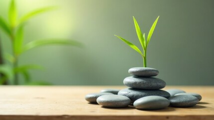 Serene Balance A Young Sprout Emerging from a Stack of Smooth Stones on a Wooden Surface