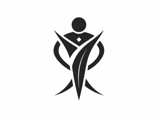 Minimalist geometric logo, abstract human figure, black and white design, symmetrical composition, stylized head and body, triangular shapes, circular element, simple clean lines, modern corporate ide