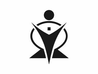 Minimalist geometric logo, abstract human figure, black and white design, symmetrical composition, stylized head and body, triangular shapes, circular element, simple clean lines, modern corporate ide