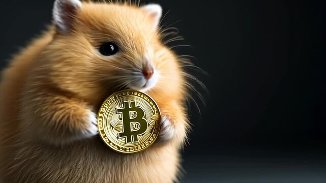 Cute hamster holds Bitcoin coin, showcasing creativity and humor animal
