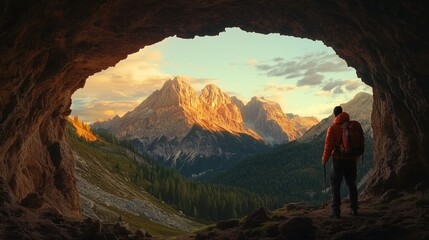 The traveling tourist admires the views of the vast mountain tops.
