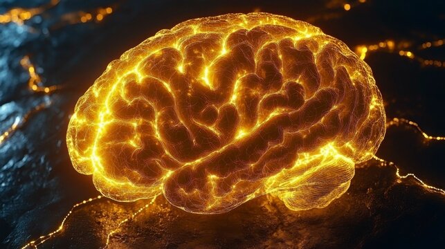Futuristic design showing a yellow brain from above, glowing with intricate pathways and light pulses to symbolize the power of cognitive processes