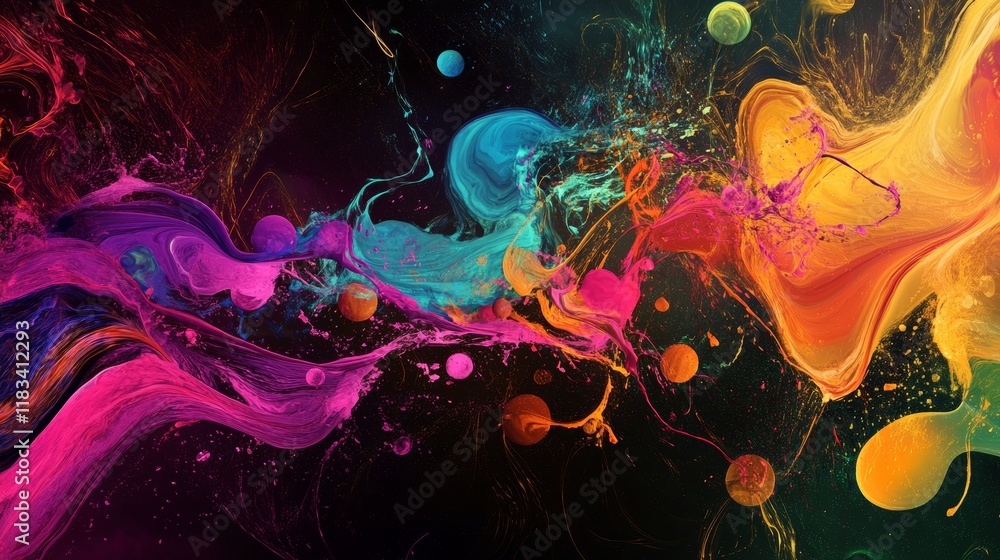 Poster vibrant abstract artwork featuring bold splashes and swirls with ample space for text