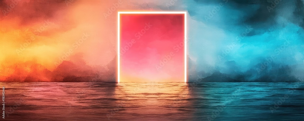 Poster watercolor abstract background idea. a surreal scene with a glowing frame reflecting in the water, s
