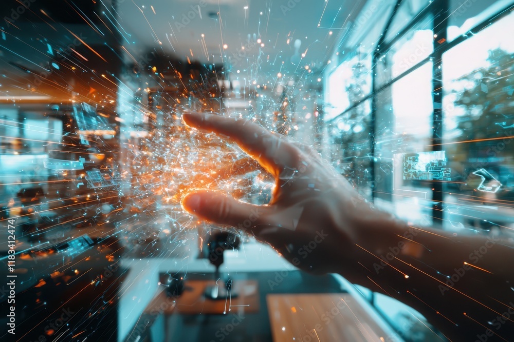 Aufkleber dynamic hand interaction with digital sparks in a modern office enhancing financial inclusion concep