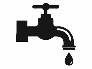 Water faucet icon, simple line drawing, minimalist design, dripping tap, black and white illustration, plumbing symbol, water conservation concept, single droplet, curved spout, valve handle, clean gr