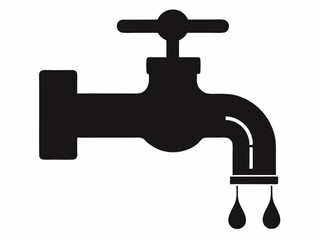Water faucet icon, simple line drawing, minimalist design, dripping tap, black and white illustration, plumbing symbol, water conservation concept, single droplet, curved spout, valve handle, clean gr