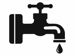 Water faucet icon, simple line drawing, minimalist design, dripping tap, black and white illustration, plumbing symbol, water conservation concept, single droplet, curved spout, valve handle, clean gr
