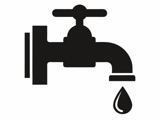 Water faucet icon, simple line drawing, minimalist design, dripping tap, black and white illustration, plumbing symbol, water conservation concept, single droplet, curved spout, valve handle, clean gr