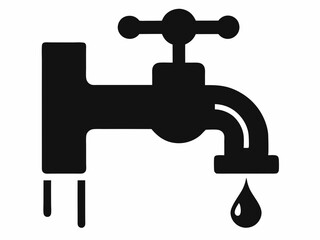 Water faucet icon, simple line drawing, minimalist design, dripping tap, black and white illustration, plumbing symbol, water conservation concept, single droplet, curved spout, valve handle, clean gr