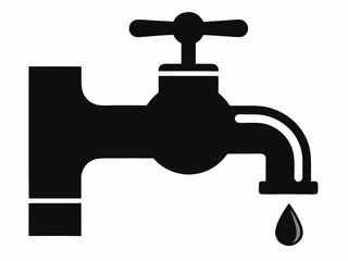 Water faucet icon, simple line drawing, minimalist design, dripping tap, black and white illustration, plumbing symbol, water conservation concept, single droplet, curved spout, valve handle, clean gr
