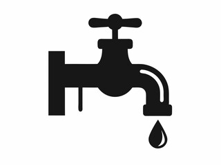 Water faucet icon, simple line drawing, minimalist design, dripping tap, black and white illustration, plumbing symbol, water conservation concept, single droplet, curved spout, valve handle, clean gr